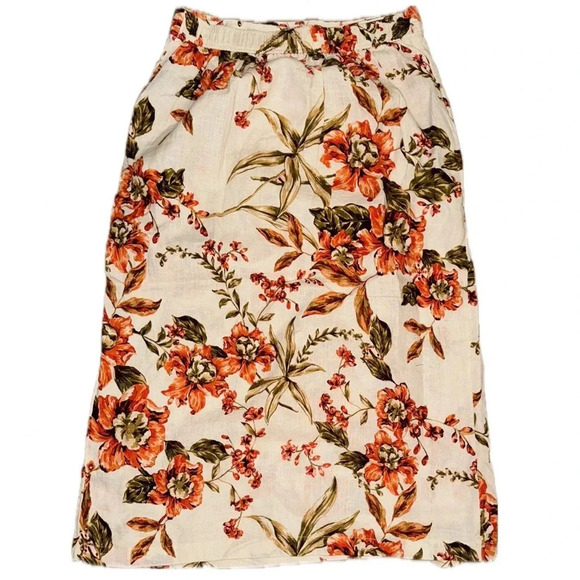 JOIE HAWAIIAN FLORAL WRAP SKIRT LINEN ORANGE GREEN SIZE MEDIUM Tropical - Picture 2 of 9